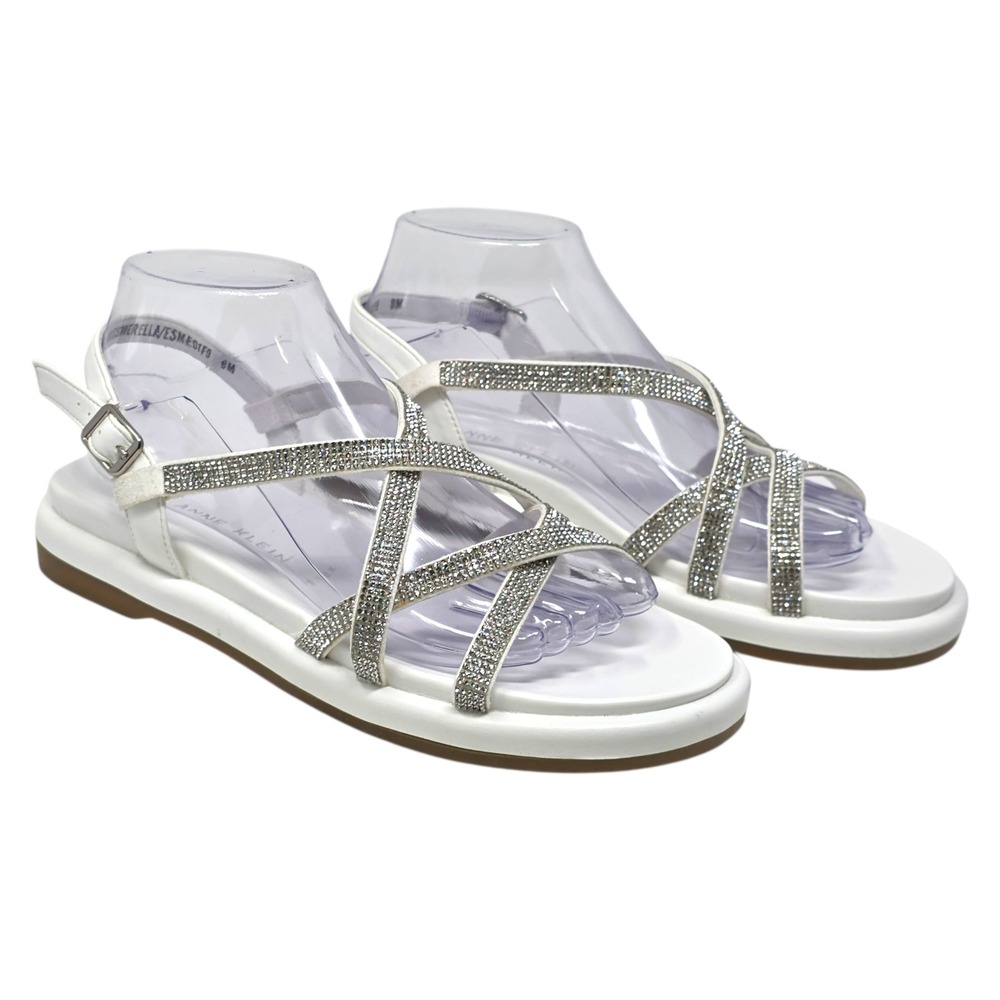Anne Klein White Rhinestone Strappy Sandals‎ Women 8M Flat Y2K Dressy Glam
